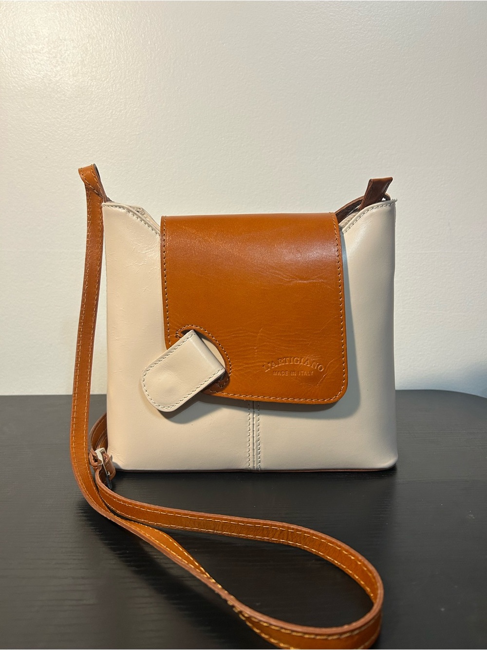 Two-Tone Cream and Tan Leather Crossbody Bag